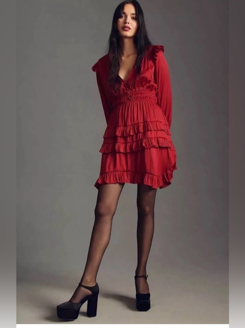Anthropologie Red Ruffled V-Neck Mini Dress